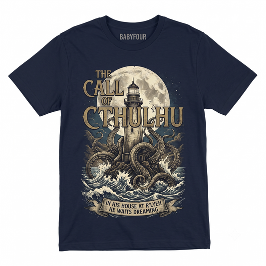 Vintage Cosmic Horror Graphic Tee - Gothic Lighthouse and Ancient Sea Monster Graphic - Eldritch Mythos Aesthetic Gift Unisex T-shirt