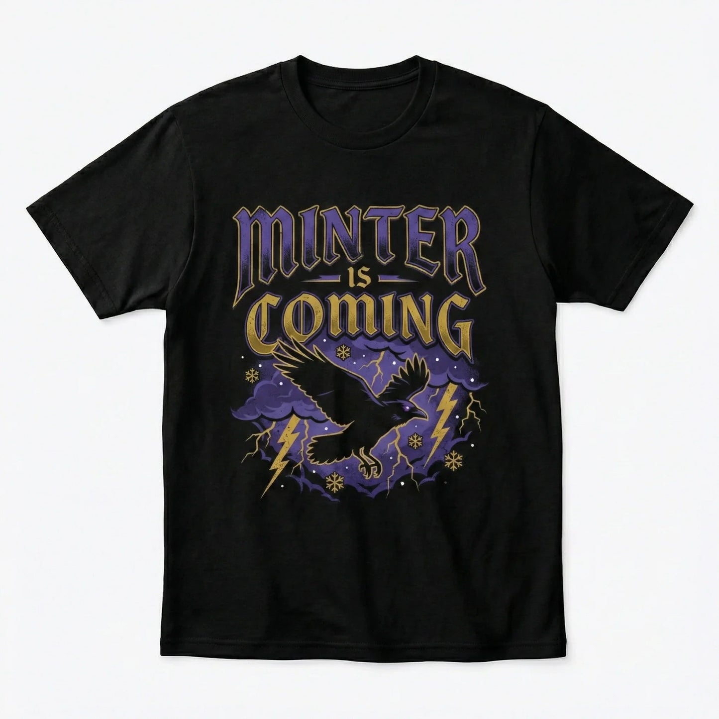 Black t-shirt with 'Minter is Coming' text, raven, lightning bolts, purple clouds, and snowflakes.