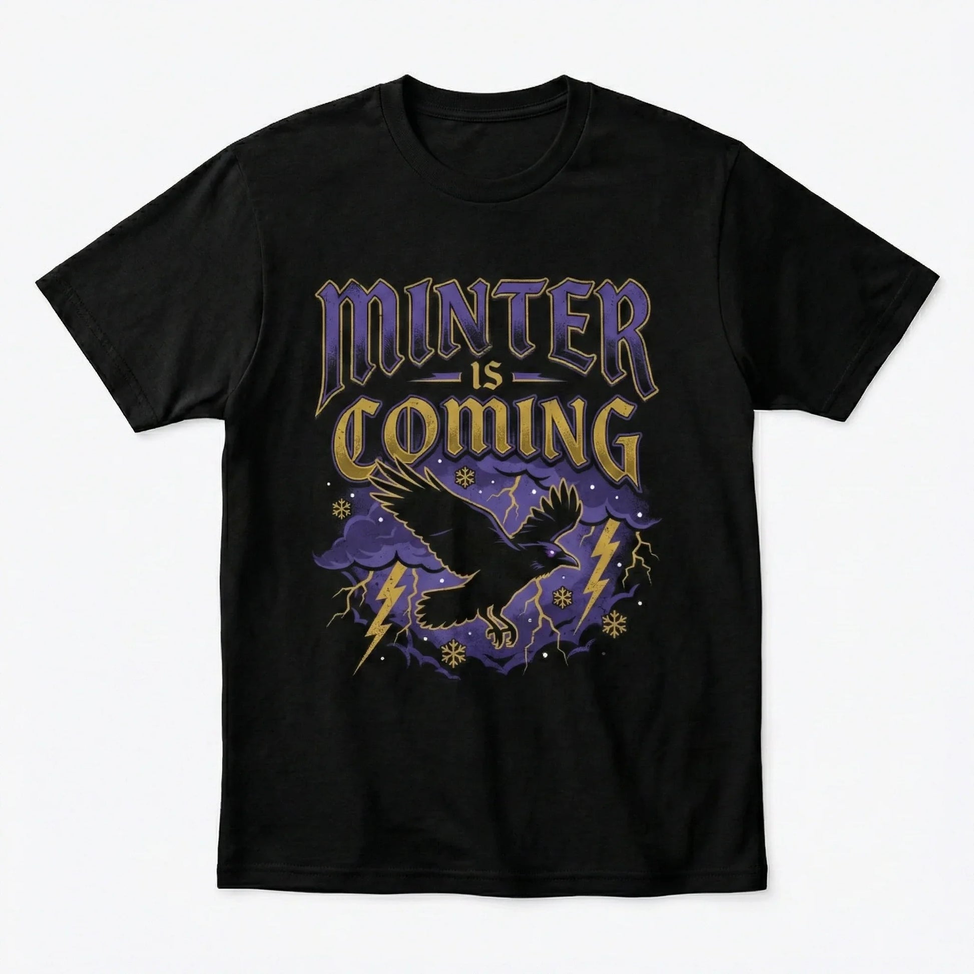Black t-shirt with 'Minter is Coming' text, raven, lightning bolts, purple clouds, and snowflakes.