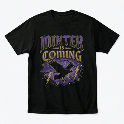 Black t-shirt with 'Minter is Coming' text, raven, lightning bolts, purple clouds, and snowflakes.