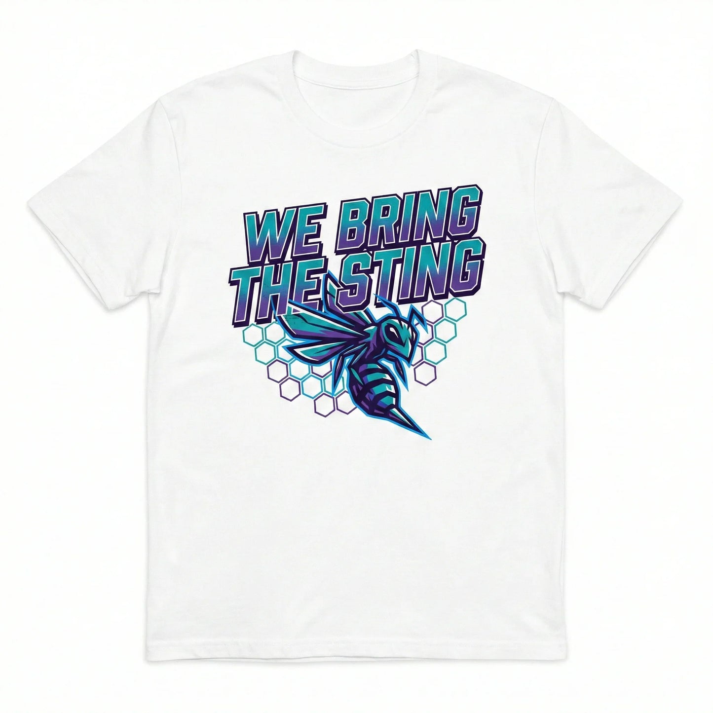 White t-shirt with bold 'We Bring The Sting' text, hornet graphic, and hexagon pattern.