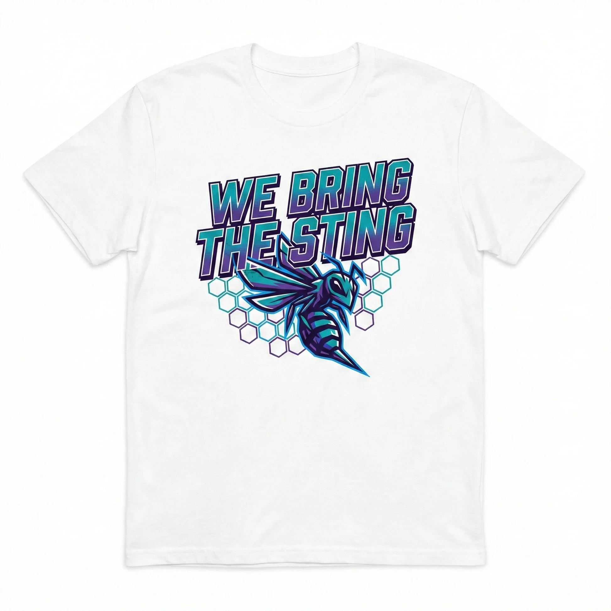 White t-shirt with bold 'We Bring The Sting' text, hornet graphic, and hexagon pattern.