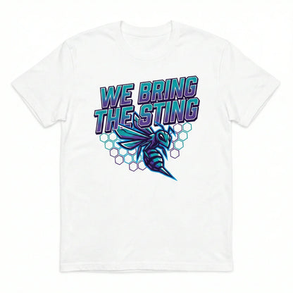 White t-shirt with bold 'We Bring The Sting' text, hornet graphic, and hexagon pattern.