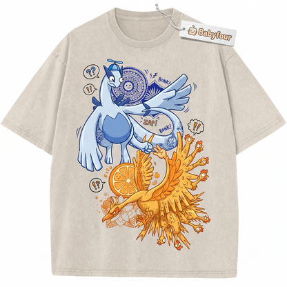 Legendary Guardian Birds Retro Graphic Tee - Vintage Silver & Gold Anime Unisex T-Shirt