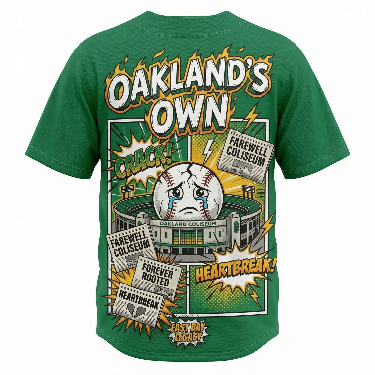 Unisex Oakland Baseball "The Town" Comic Art Button-Up Jersey AOP - End of an Era Green & Gold Fan Apparel