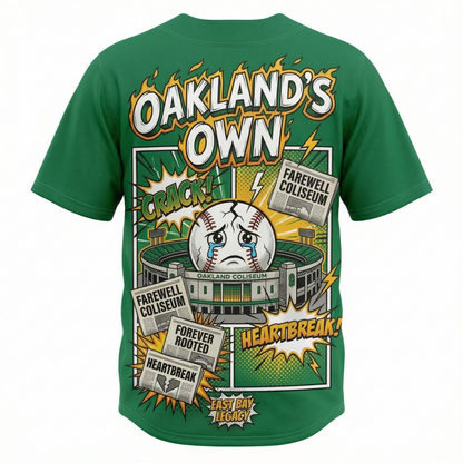 Unisex Oakland Baseball "The Town" Comic Art Button-Up Jersey AOP - End of an Era Green & Gold Fan Apparel