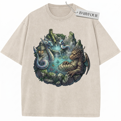 Cute Blue and Orange Oasis Sea Serpents Vintage Aesthetic Unisex Tshirt