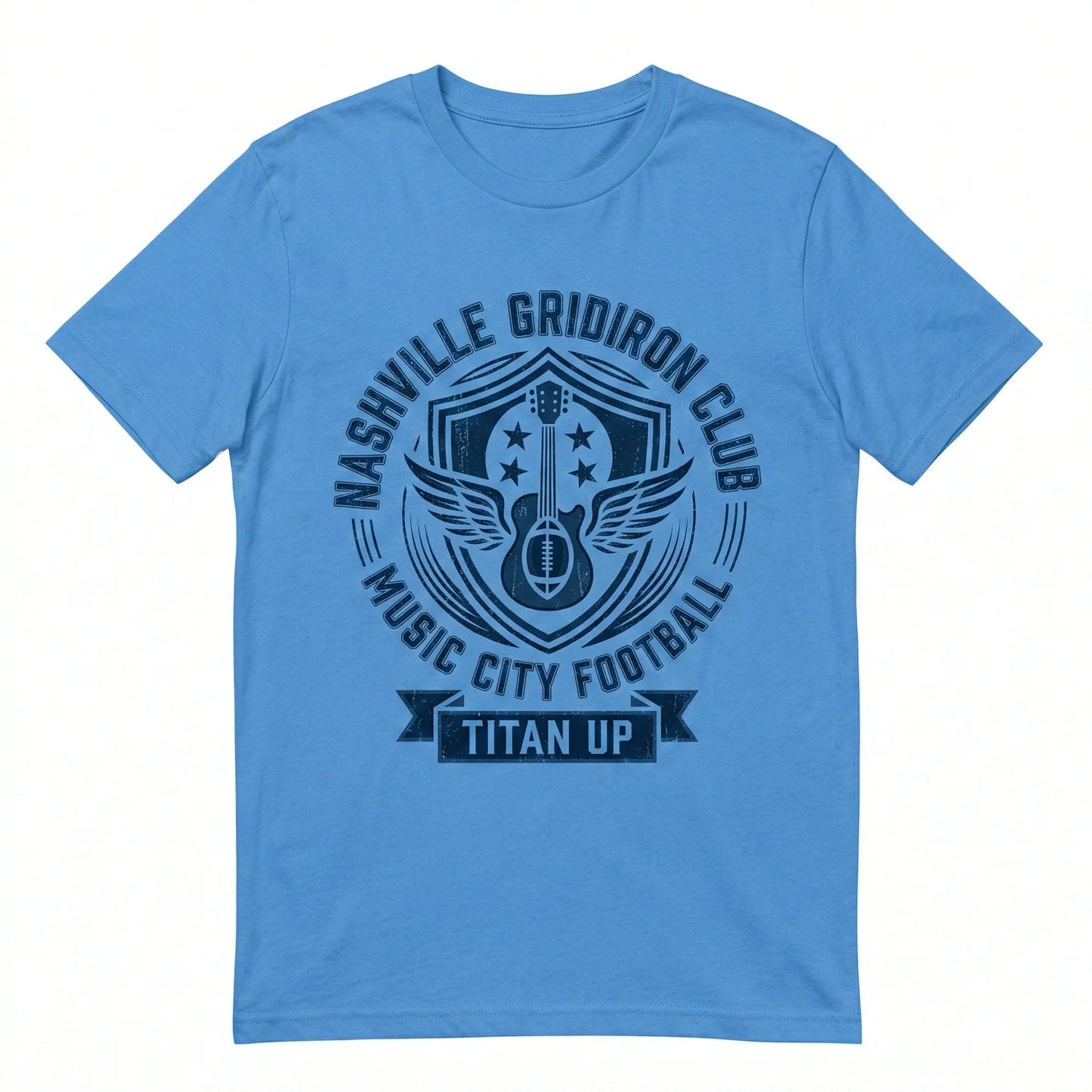 Light blue t-shirt with Nashville Gridiron Club Music City Football Titan Up graphic