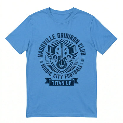 Light blue t-shirt with Nashville Gridiron Club Music City Football Titan Up graphic