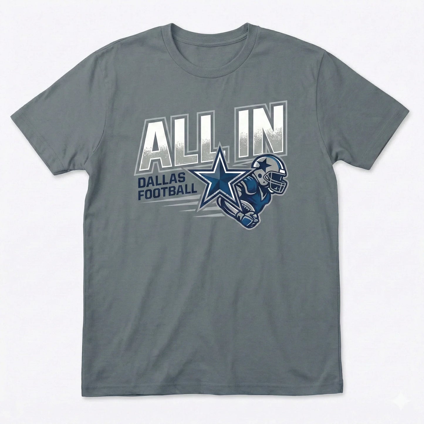 Gray t-shirt featuring 'ALL IN Dallas Football' and a stylized football player graphic.