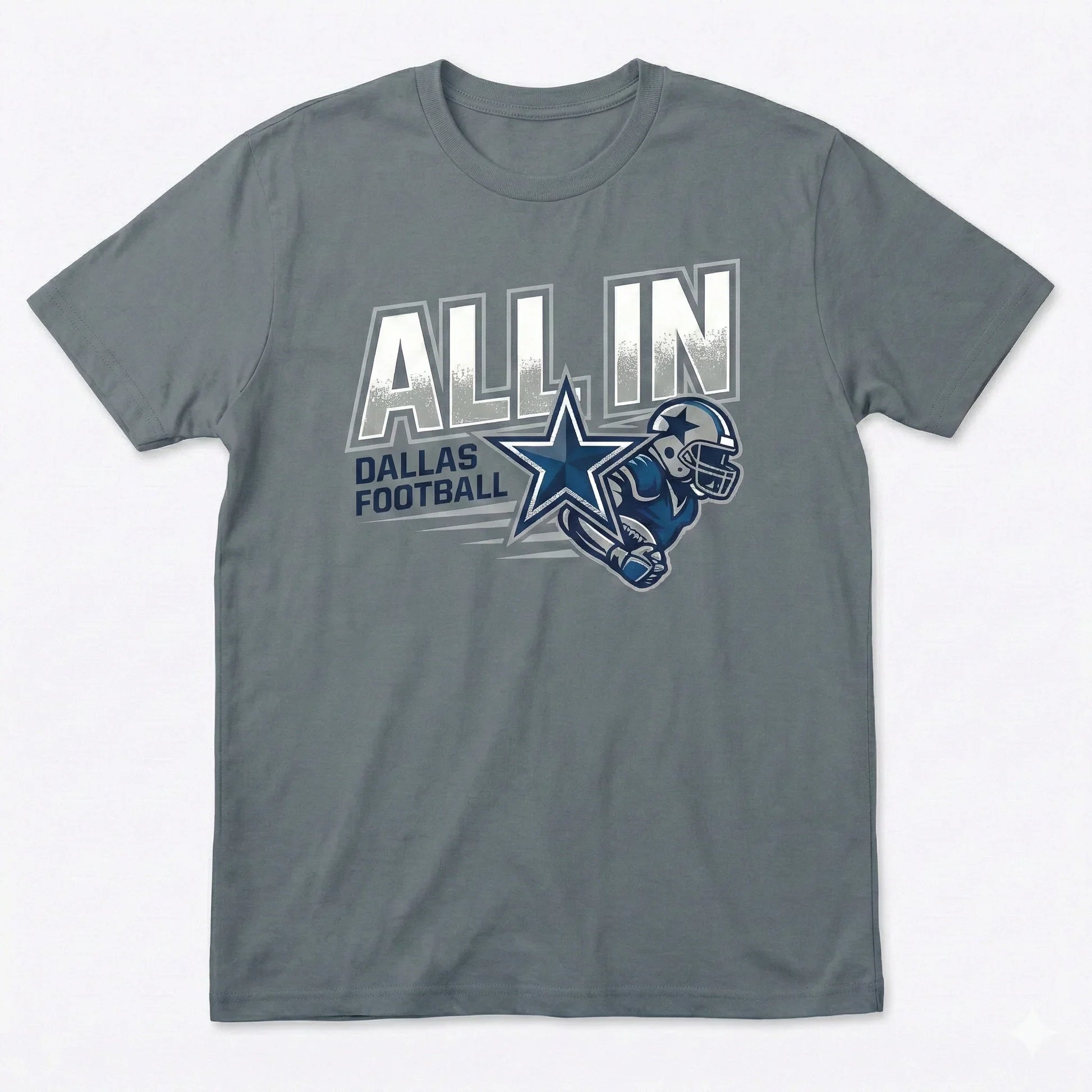 Gray t-shirt featuring 'ALL IN Dallas Football' and a stylized football player graphic.