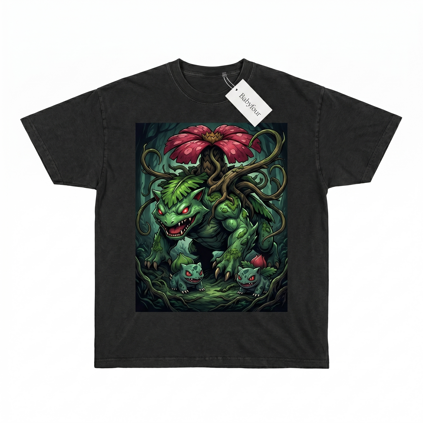 90s Bootleg Style Cute Green Monster Garden Giant Print - Funny Anime Inspired Monster Evolution Wash Graphic Unisex Tshirt