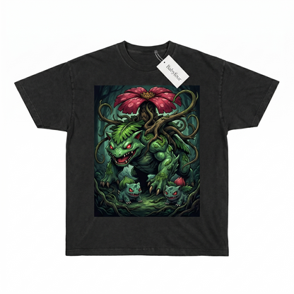 90s Bootleg Style Cute Green Monster Garden Giant Print - Funny Anime Inspired Monster Evolution Wash Graphic Unisex Tshirt