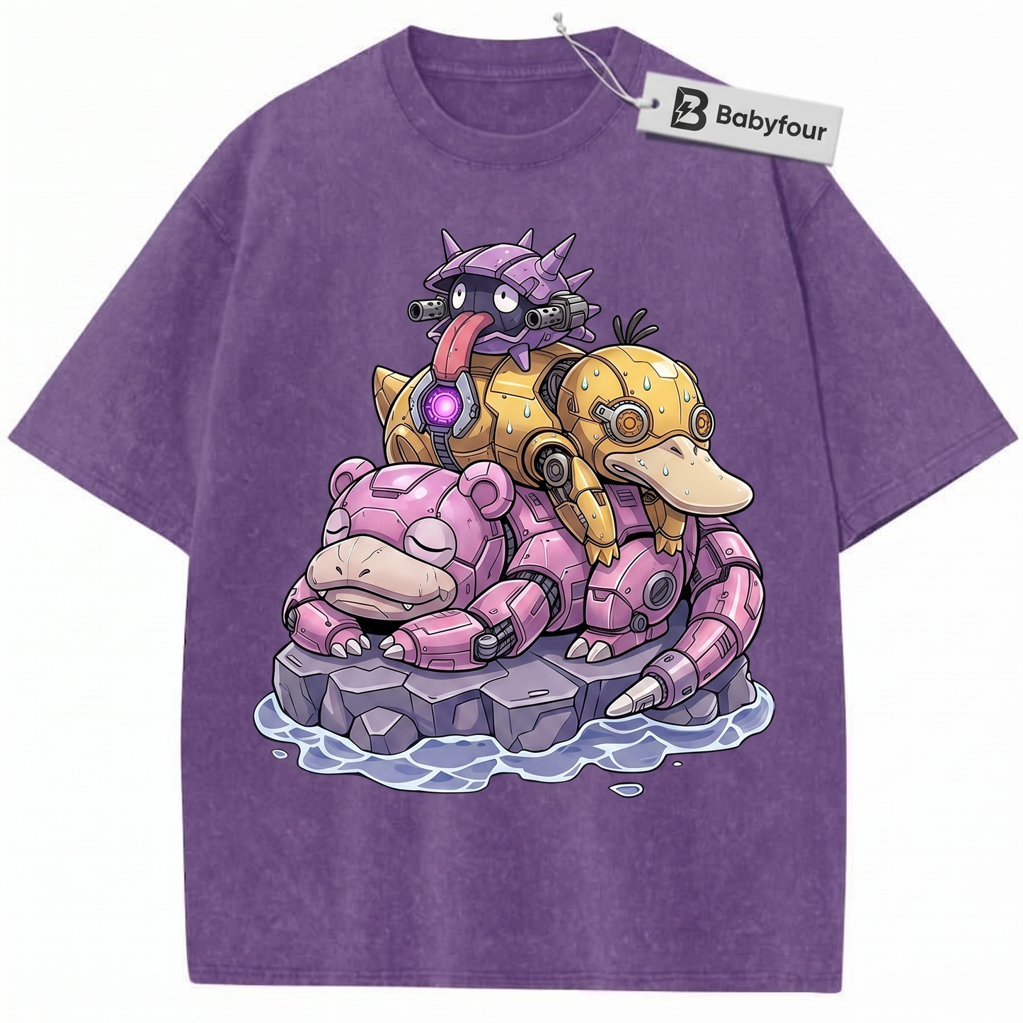 Vintage Acid Wash Cartoon Water Monster Stack Retro Graphic Heavyweight Unisex T-Shirt