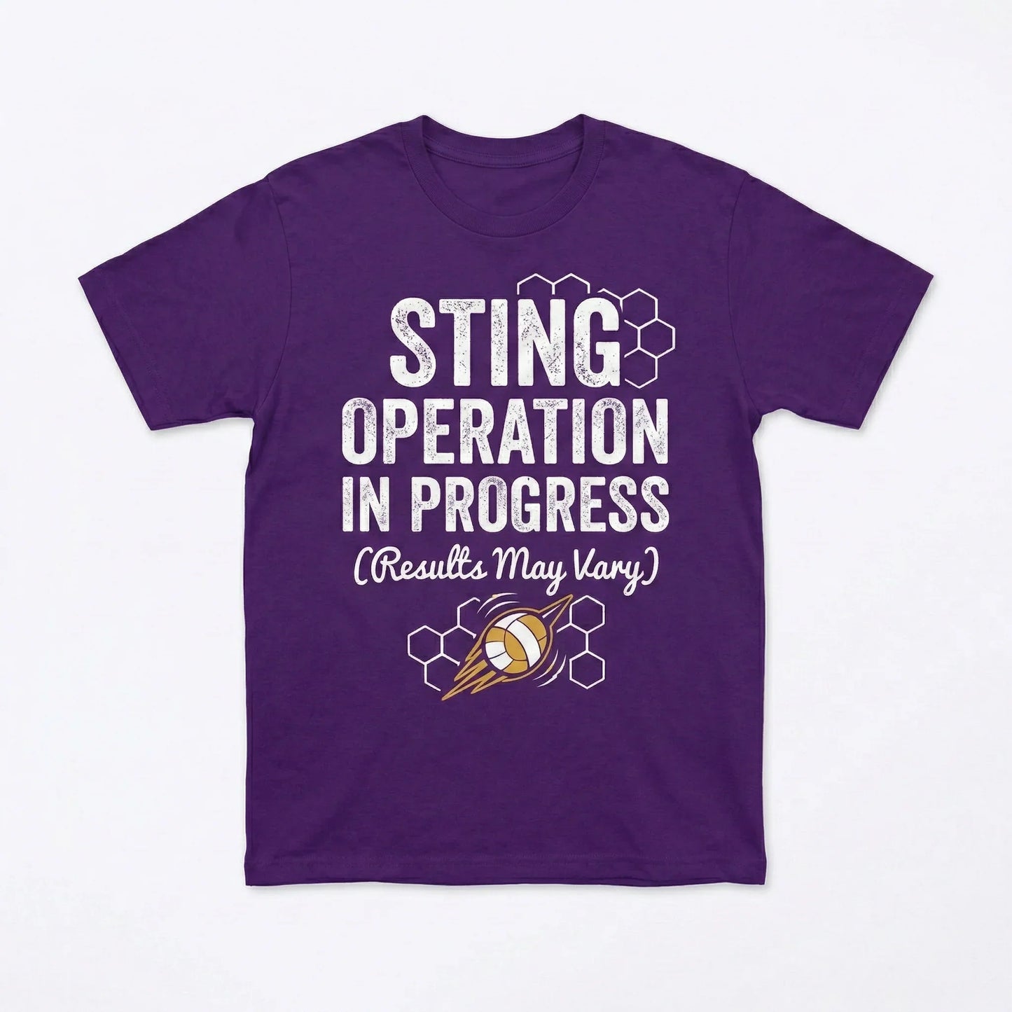 Purple t-shirt with bee and honeycomb design, text reads 'Sting Operation In Progress (Results May Vary)'.