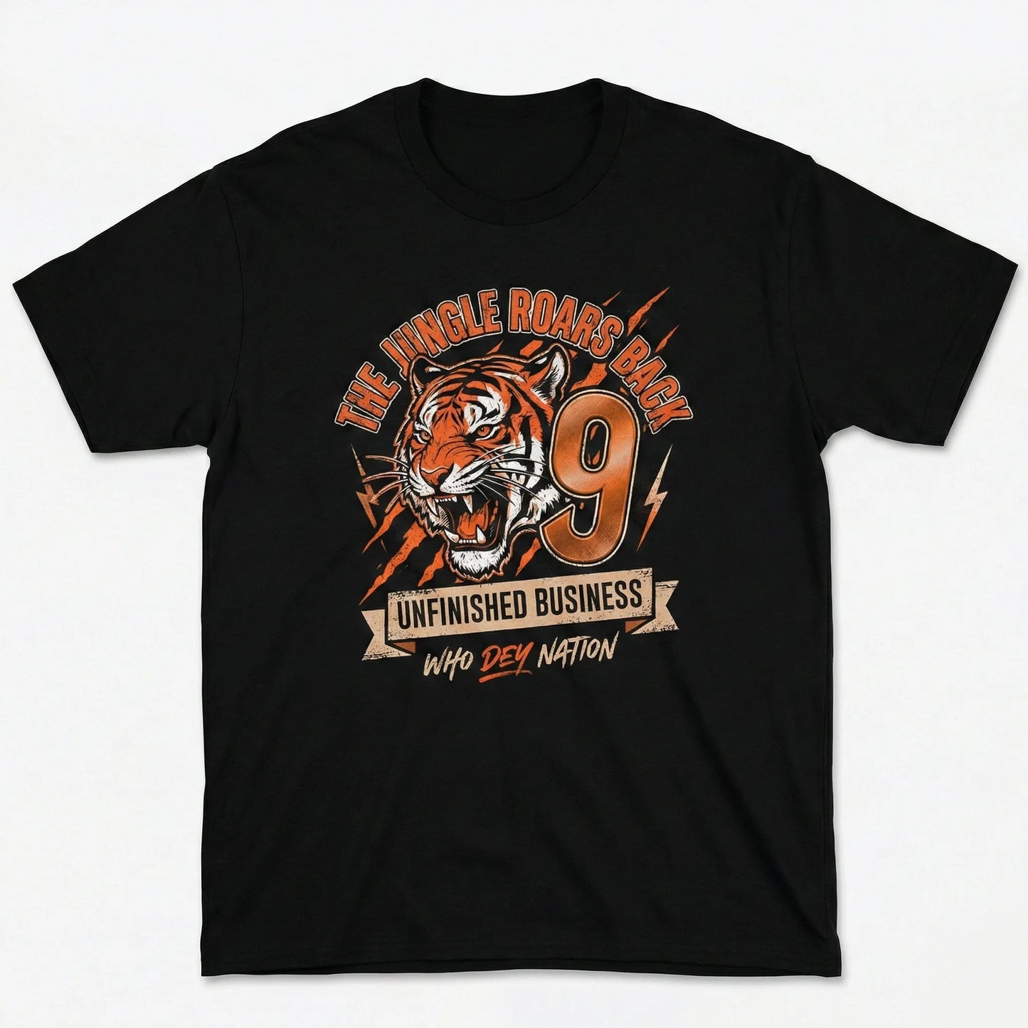 Black t-shirt with roaring tiger graphic, number 9, and bold adventure-themed text.