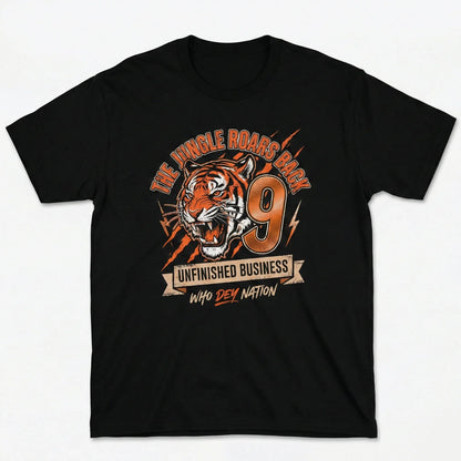 Black t-shirt with roaring tiger graphic, number 9, and bold adventure-themed text.