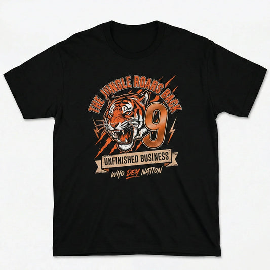 Black t-shirt with roaring tiger graphic, number 9, and bold adventure-themed text.