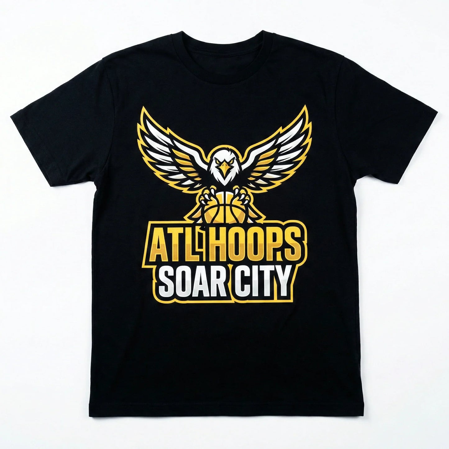 Black t-shirt with basketball owl graphic and ATL Hoops Soar City text in yellow and white.