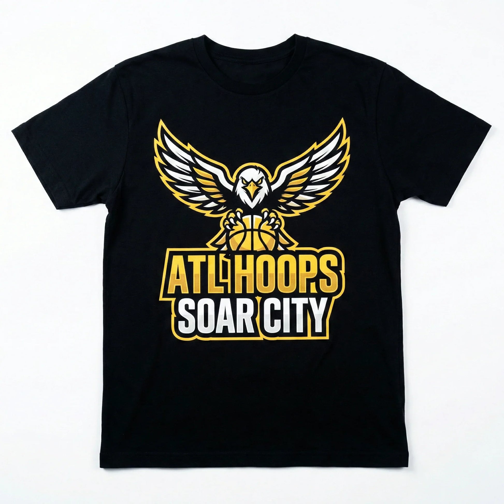 Black t-shirt with basketball owl graphic and ATL Hoops Soar City text in yellow and white.