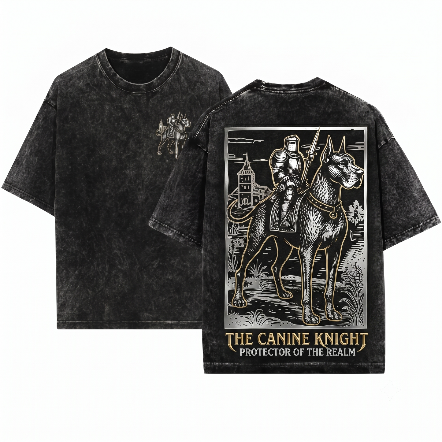 Retro 90s Medieval Great Dane Knight Graphic Tee Vintage Dark Art Grimdark Funny Dog Meme Unisex Heavyweight Garment-Dyed T-Shirt