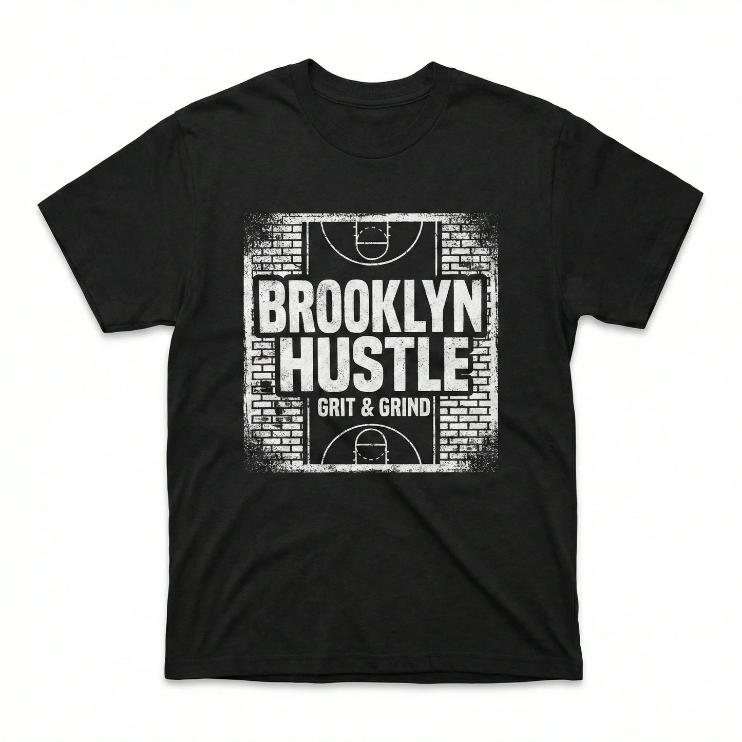 Black t-shirt with bold 'Brooklyn Hustle Grit & Grind' basketball court graphic front