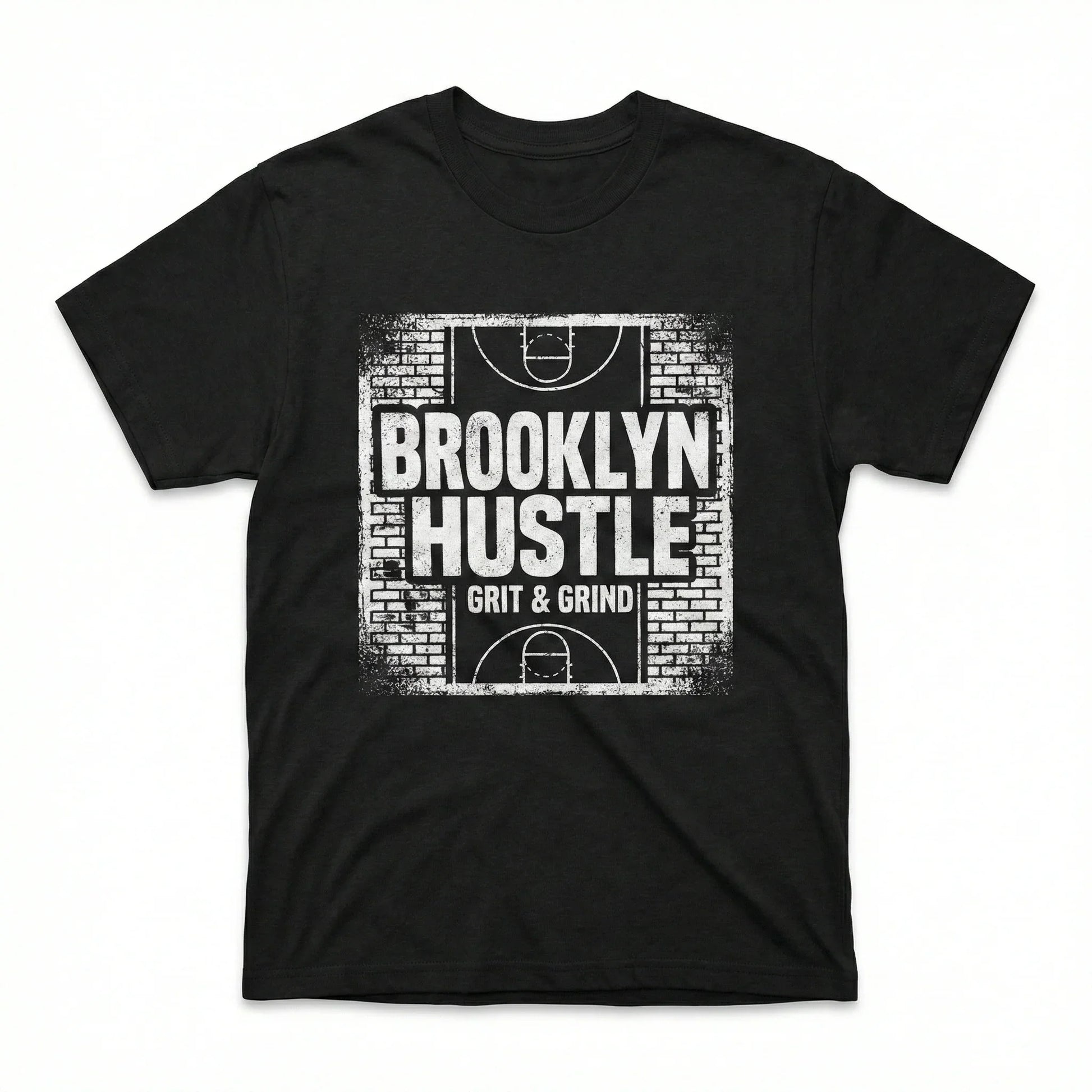 Black t-shirt with bold 'Brooklyn Hustle Grit & Grind' basketball court graphic front