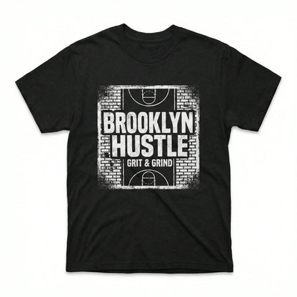 Black t-shirt with bold 'Brooklyn Hustle Grit & Grind' basketball court graphic front