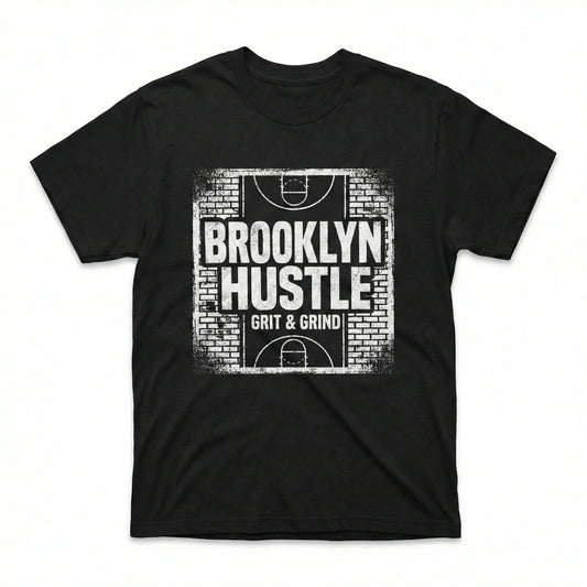 Black t-shirt with bold 'Brooklyn Hustle Grit & Grind' basketball court graphic front