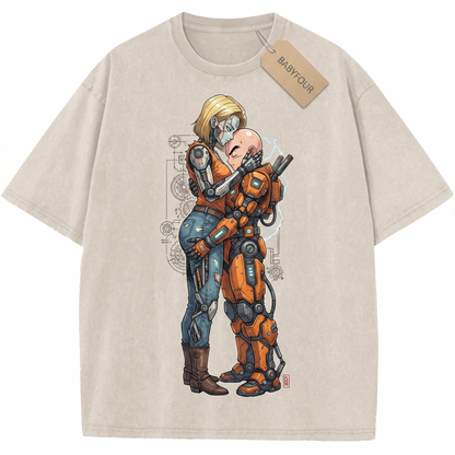 Vintage 90s Fighting Anime Couple Graphic Unisex T-Shirt - Retro Cyborg Girl and Bald Monk Embrace Tee