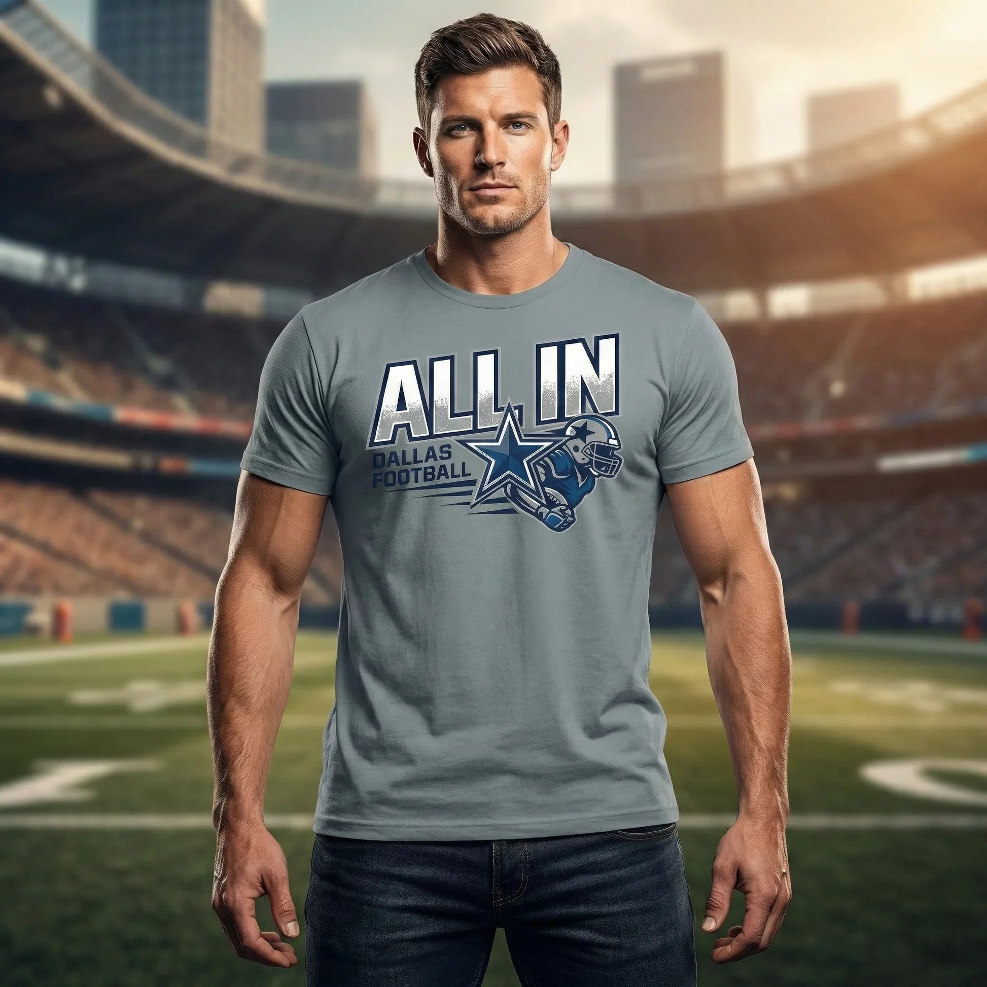 Man wearing grey 'All In Dallas Football' t-shirt, standing in a football stadium.