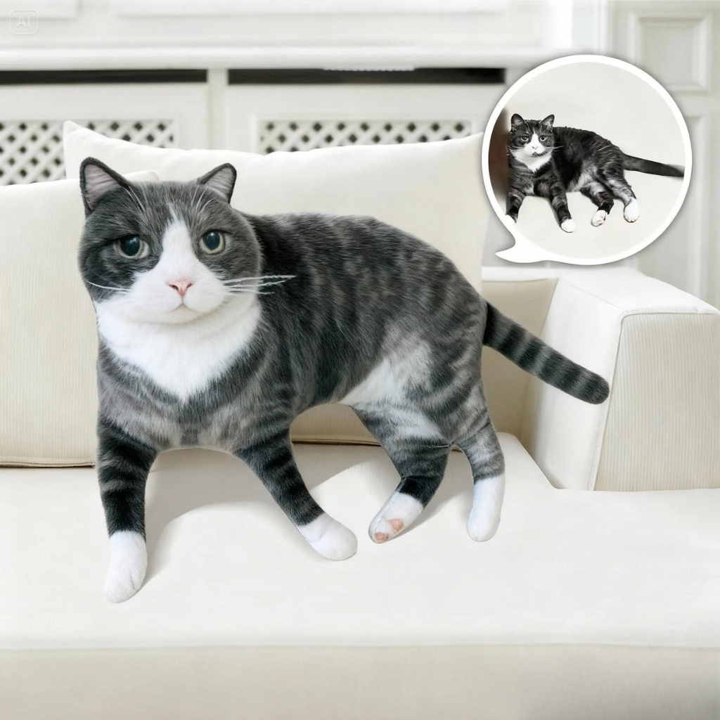 Cat sitting on a white couch with a small inset showing a close-up of the cat.