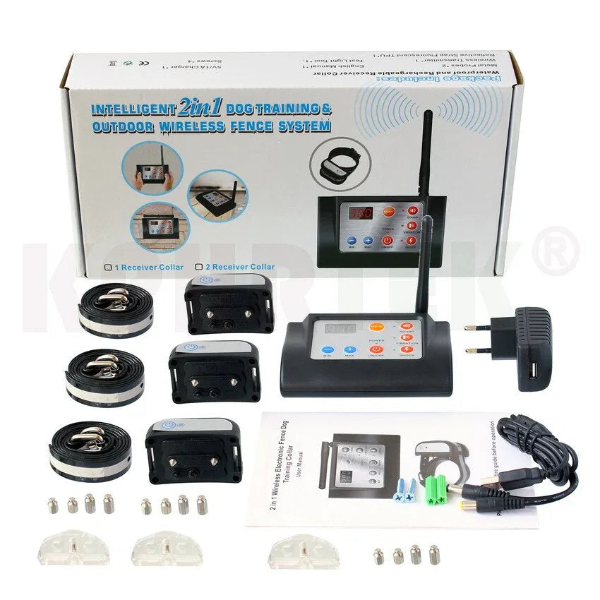 2 in 1   Wireless Electronic Dog Fence System and Dog Training Collar   Beep Shock Vibration Training  for 1/2/3 dogs 6 Sets/lot