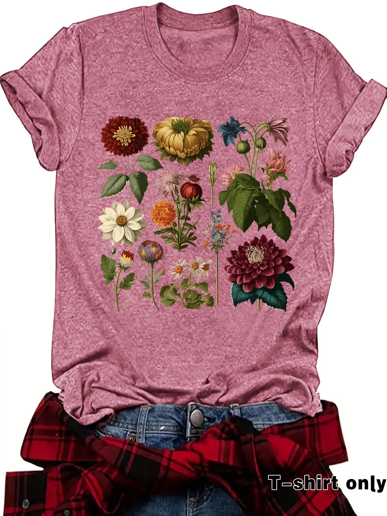 Pink t-shirt with colorful vintage botanical flower print, casual outdoor style