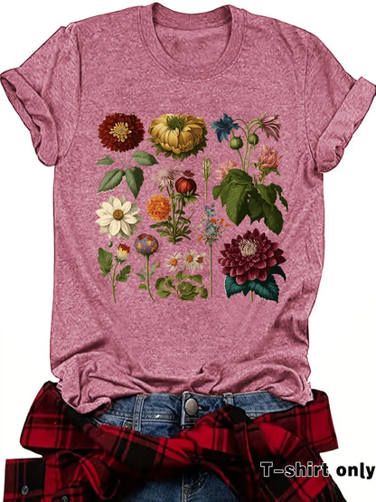 Pink t-shirt with colorful vintage botanical flower print, casual outdoor style