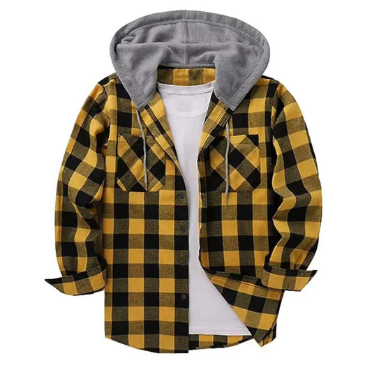 Yellow and black plaid flannel shirt with gray hood and white inner shirt, outdoor style