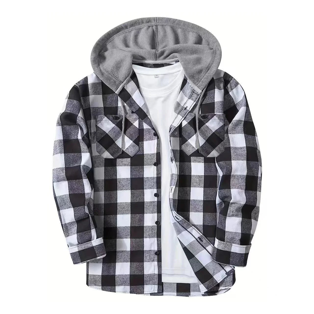 Black and white plaid flannel shirt with grey hood and white T-shirt for outdoor wear