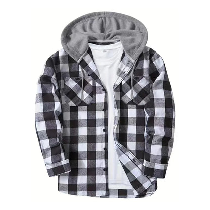 Black and white plaid flannel shirt with grey hood and white T-shirt for outdoor wear