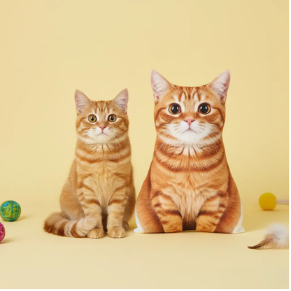 Two orange tabby cats sitting on a yellow background with colorful balls around.