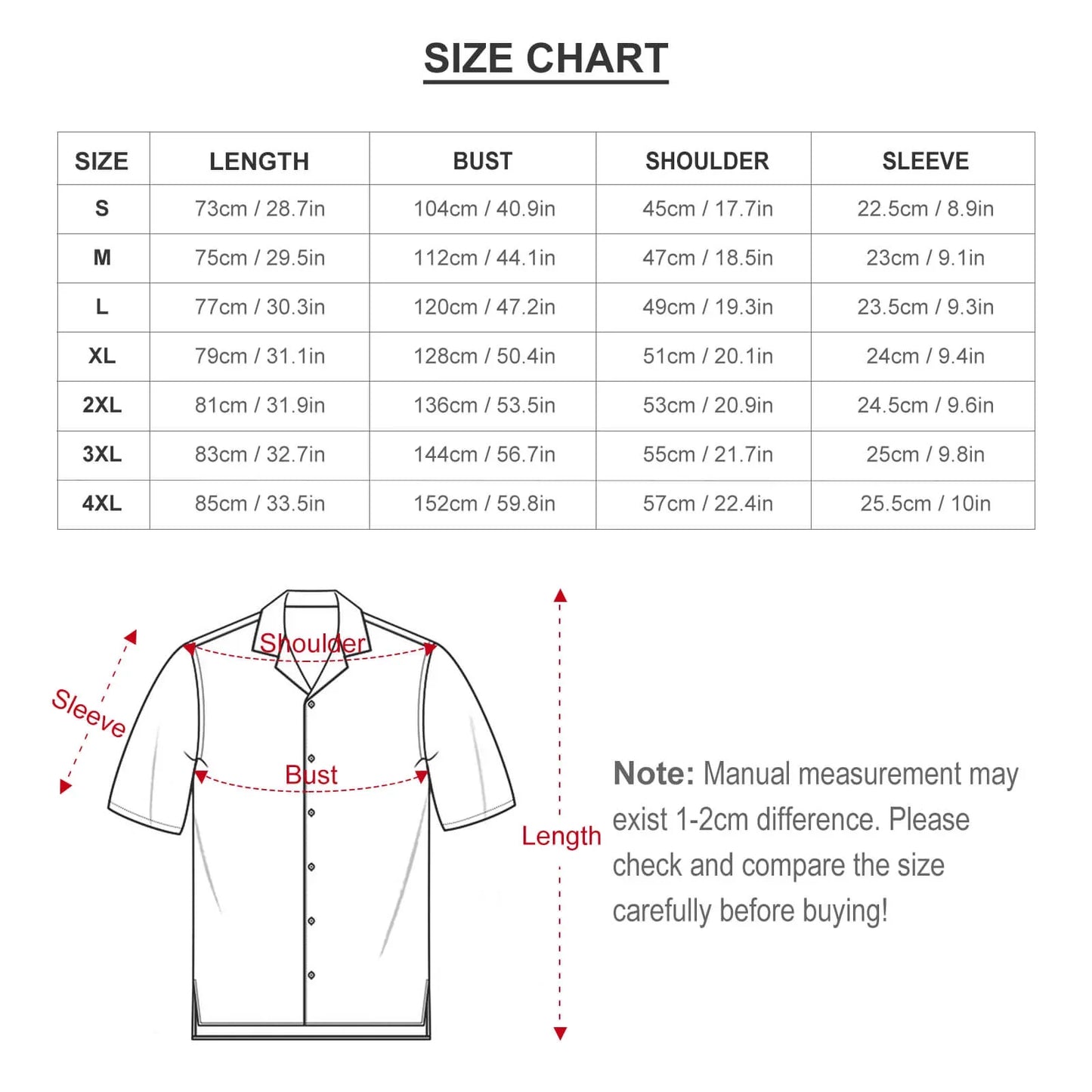 Shirt size chart with length, bust, shoulder, and sleeve measurements, plus measurement guide diagram.