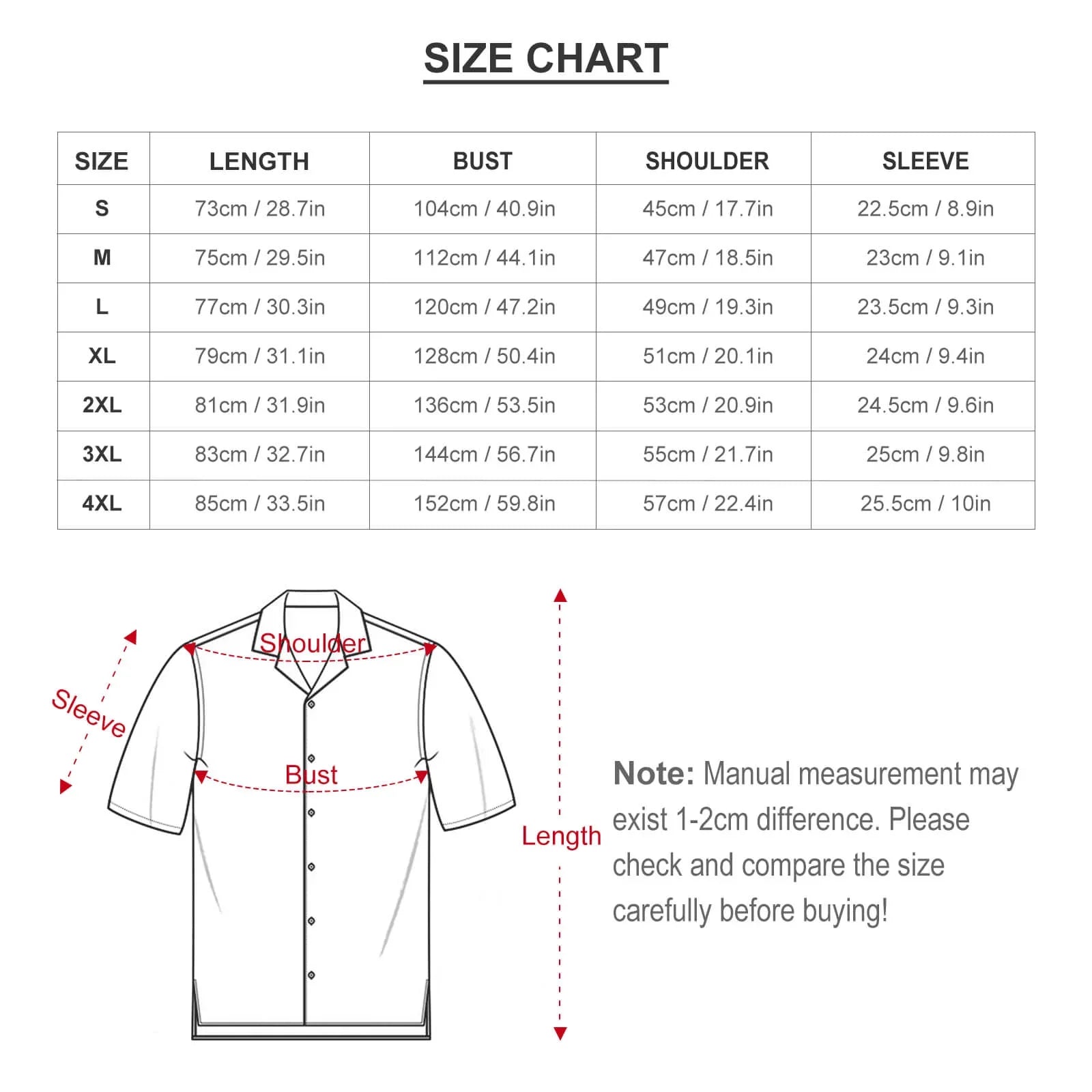 Shirt size chart with length, bust, shoulder, and sleeve measurements, plus measurement guide diagram.