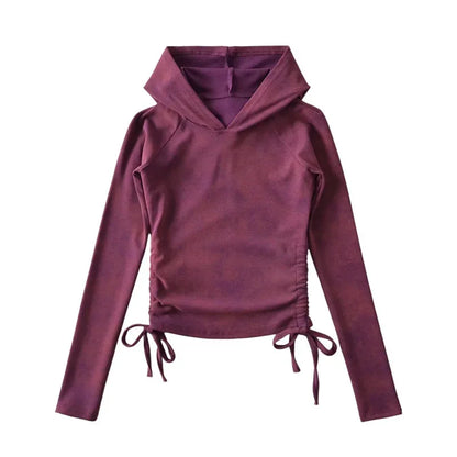 Purple long sleeve hoodie with adjustable side drawstrings, ideal for outdoor activities