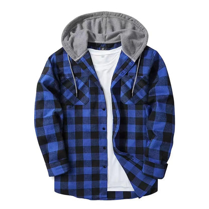 Blue and black plaid flannel shirt with grey hood, perfect for outdoor camping adventures.