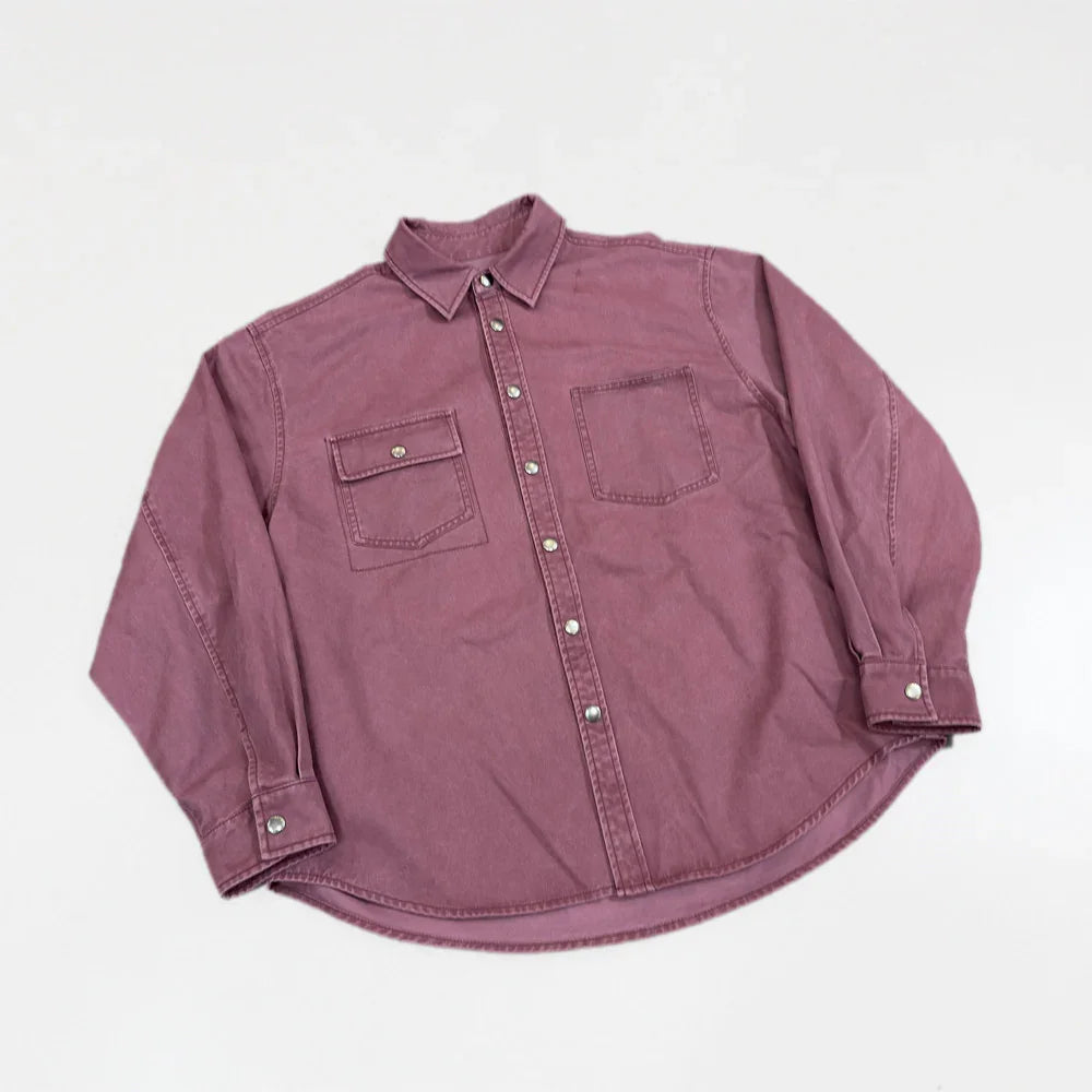 Mauve long sleeve button-up shirt with chest pockets, outdoor casual apparel