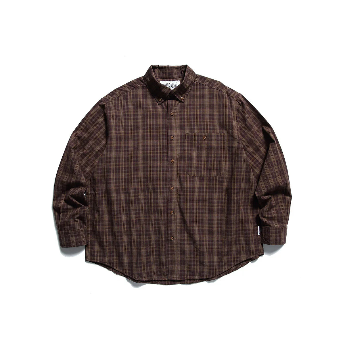 Brown plaid long sleeve button-up shirt with chest pocket, outdoor casual clothing