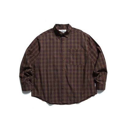 Brown plaid long sleeve button-up shirt with chest pocket, outdoor casual clothing