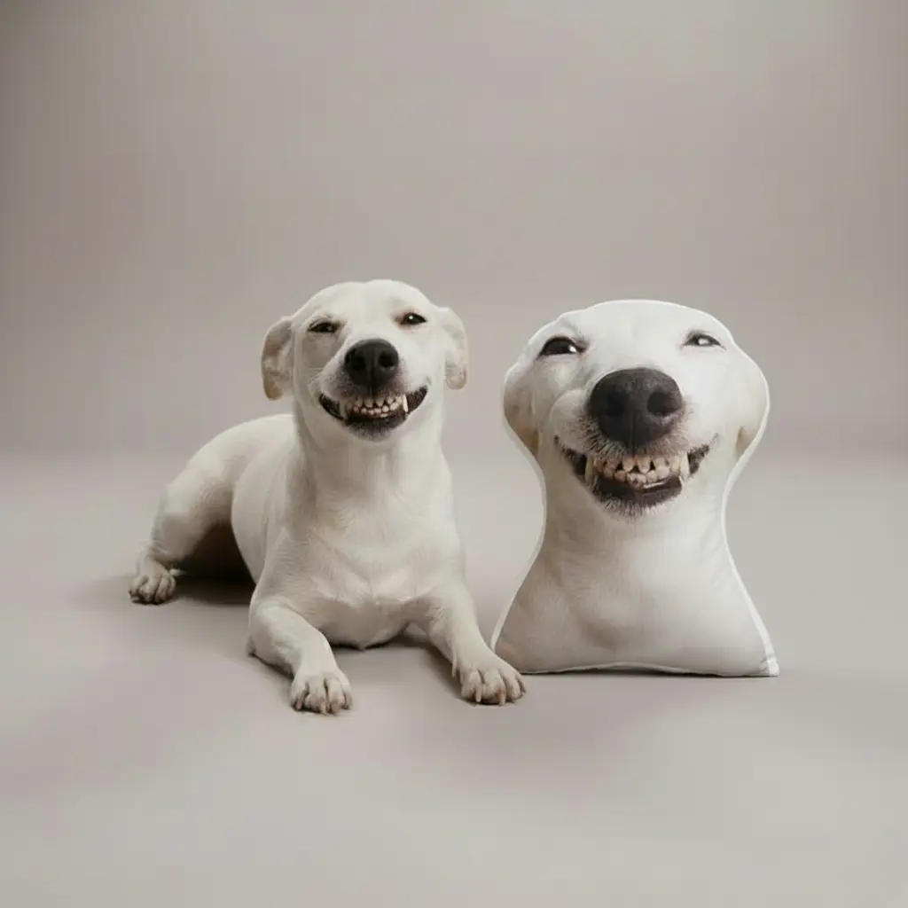 Realistic dog sculpture and a pillow shaped like a dog on a plain background