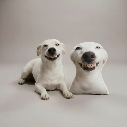 Realistic dog sculpture and a pillow shaped like a dog on a plain background