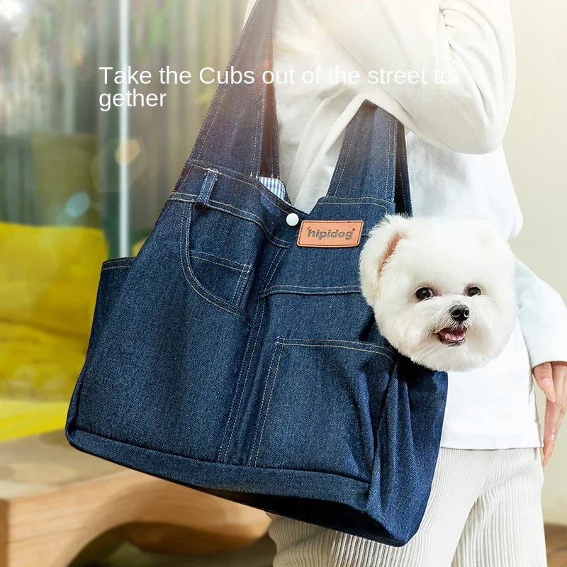 Dog Casual Denim Pocket Style Pet Carrier Backpack, Large Capacity, Crossbody Bag for Cats and Dogs