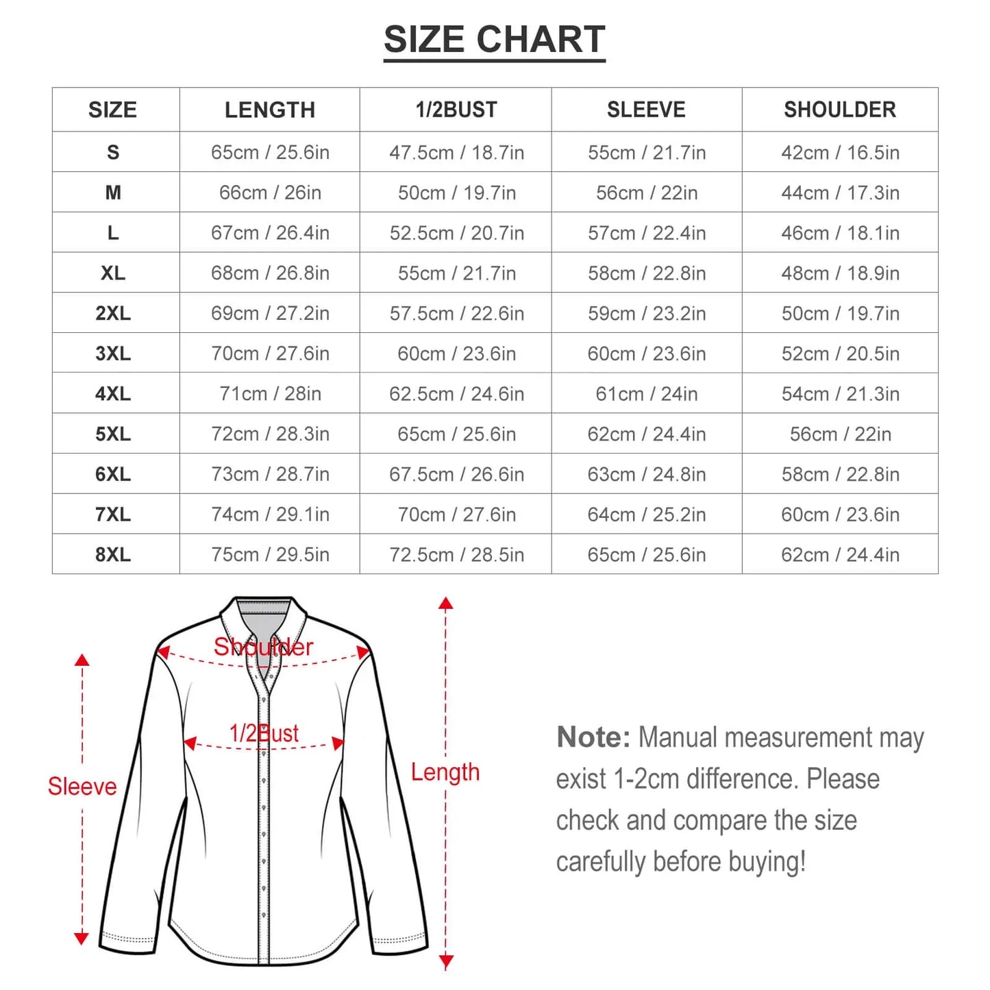 Unisex shirt size chart with measurements for length, bust, sleeve, and shoulder, plus diagram.